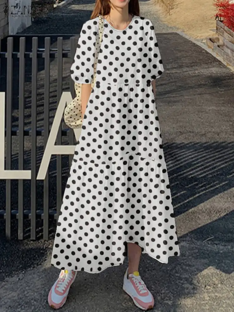 ZANZEA Summer Puff Sleeve A Line Loose Dress Vestidos Women Polka Dots Printed Sundress Fashion Elegant Casual Holiday Maxi Robe