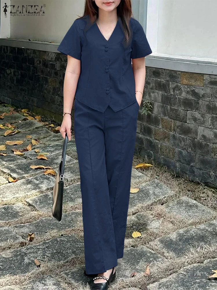 

ZANZEA Fashion 2 Piece Sets Woman Elegant V-Neck Short Sleeve Shirts Wide Leg Pants 2pcs Suits Office Lady Commuting Pant Sets
