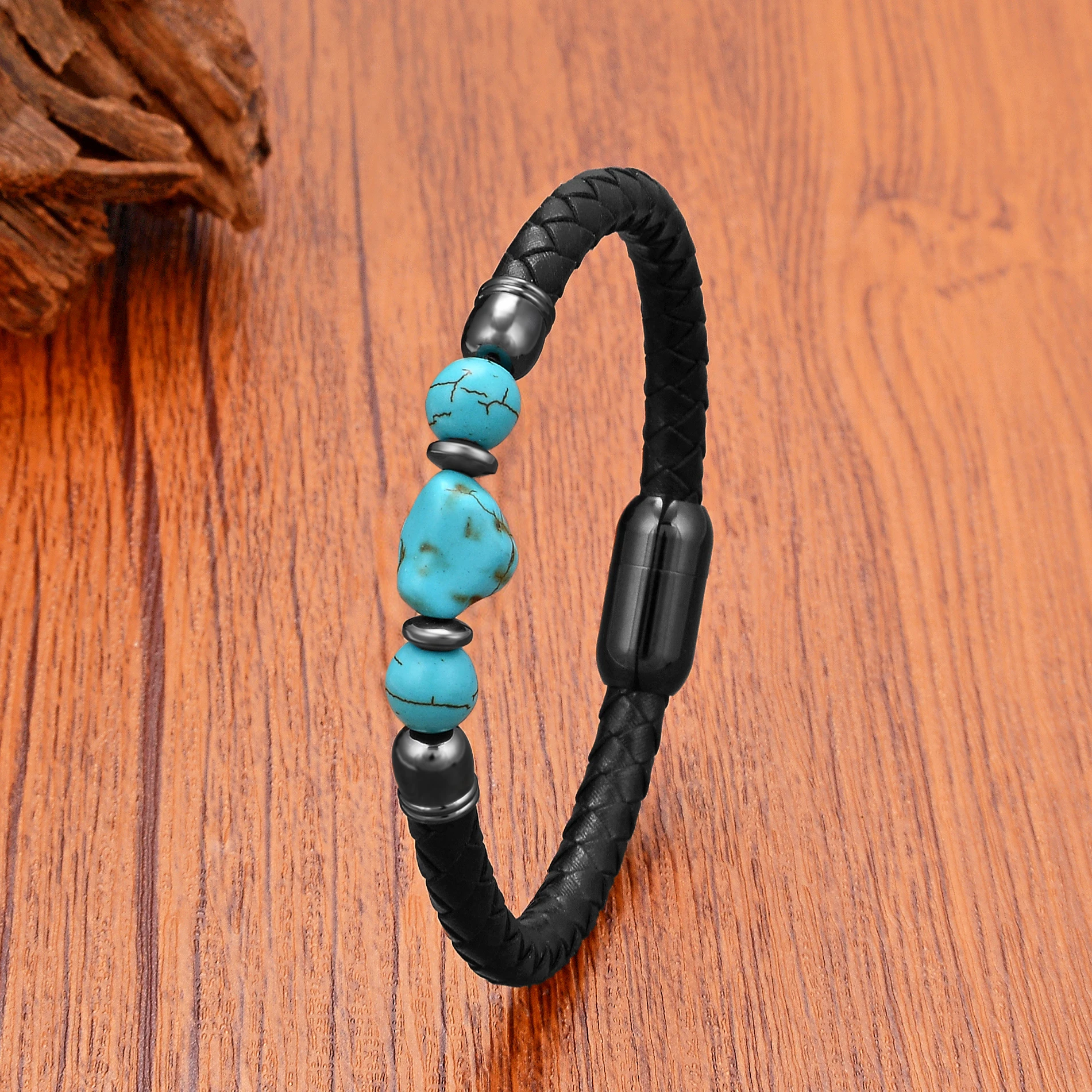 Trendy Turquoise Beaded Bracelet Classic Woven Leather Rope Mens Bracelets Stainless Steel Magnetic Buckle Handmade Jewelry