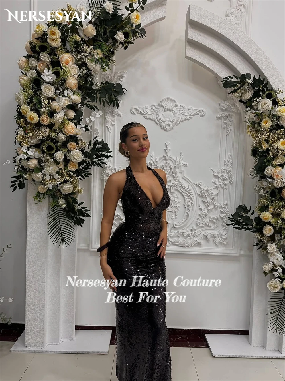 Nersesyan paillettes noir sirène robes de soirée licou paillettes épaules nues robe formelle dos nu Maxi robes de soirée personnalisé