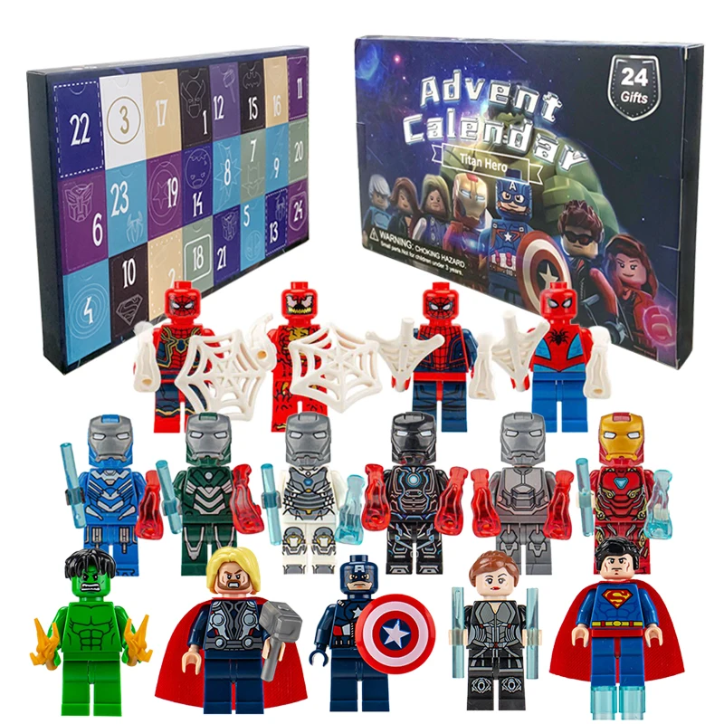 Marvel Figures Advent Calendar Spiderman Iron Man Hulk Captain America PVC Lego Minifigures Models Christmas Toys Kids Gift