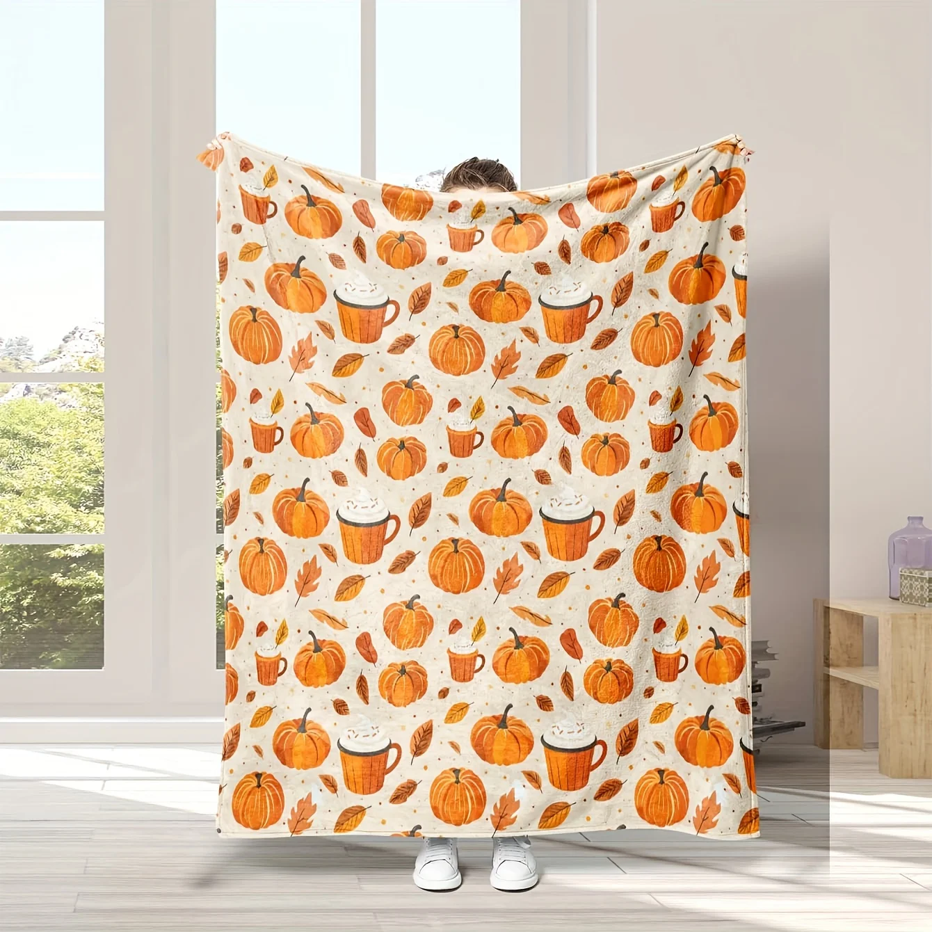 1pc Digital Print Autumn Leaf Pumpkin Dessert Element Blanket, Super Warm, Soft and Comfortable Skin Friendly Anti-pilling Flann