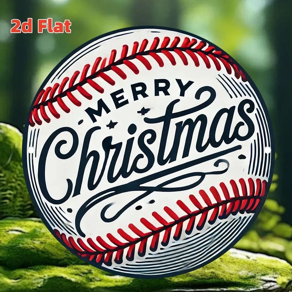Baseball Stitch Merry Christmas Sport Theme 2D Round Metal Tin Sign 20x20cm Vintage Script Iron Plaque Sports Room Holiday Decor