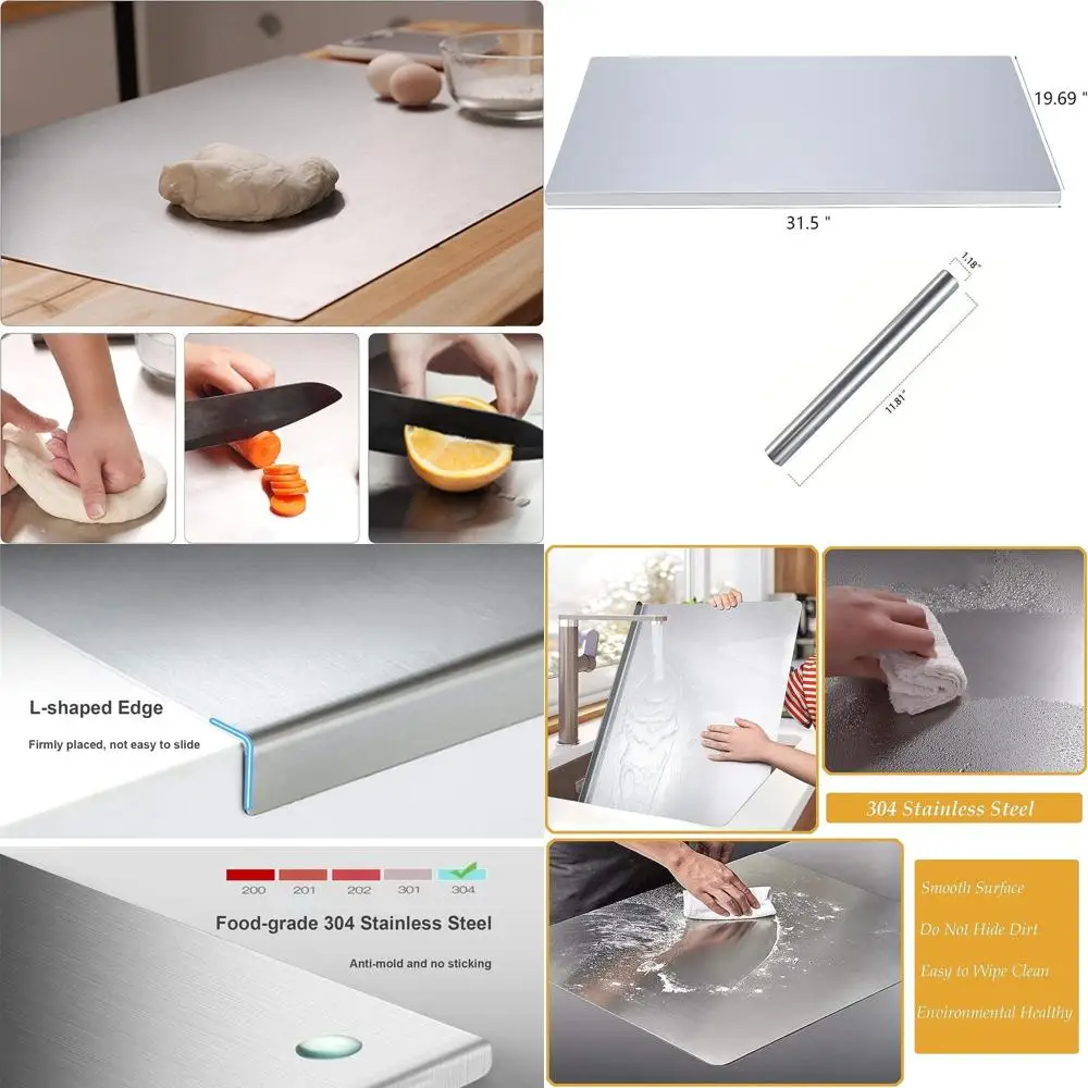 

Очень большая разделочная доска из нержавеющей стали с скалками, 31,5x19,69 дюйма, идеально подходит для выпечки, кондитерских изделий, мяса, овощей и