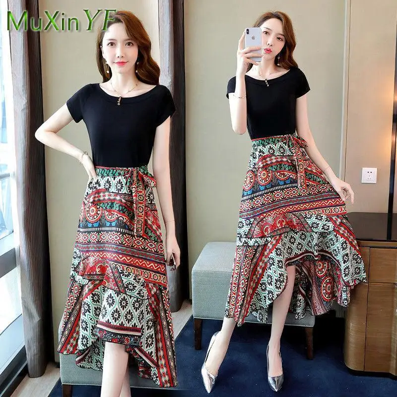 

Women's Short Sleeve Dress 2022 Summer New Elegant Vintage Chiffon Long Skirt Korean Fashion Print Dresses Female Pleated Skirts