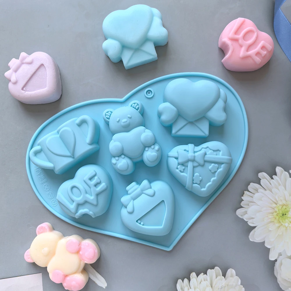 1pc Valentine\'s Day Theme Chocolate Silicone DIY Soft Candy Mold Bear Shape Baking Resin Soap Wax Melting Ice Jelly Mold