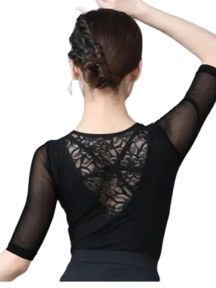 lady waltz ballroom lace half sleeve dancing top woman lace latin dancing top