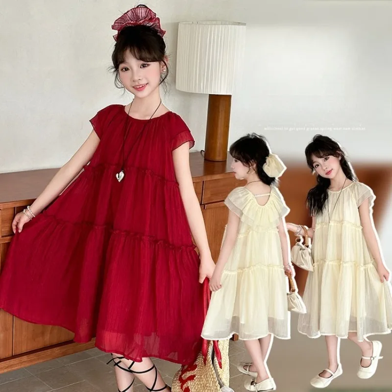 Girls Flying Sleeves Dress Summer Fashion High-end Children's Clothing Kids Red Ruched Design Princess Dresses 2025 New
