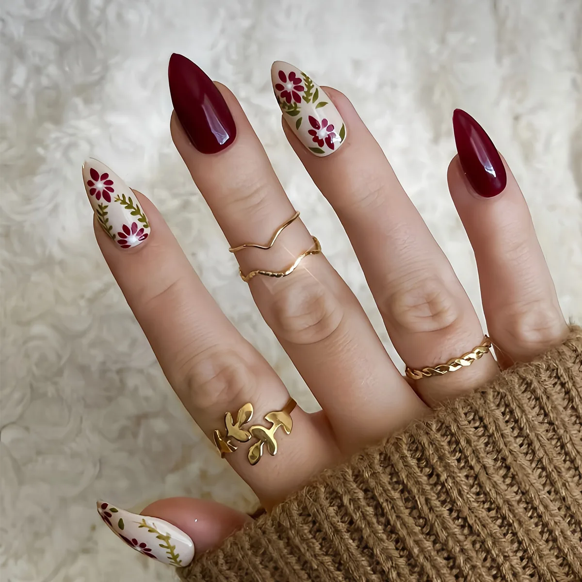 24 قطعة الأظافر كاذبة بسيطة الخريف موضة زهرة يترك نمط تصميم منتصف طول اللوز الصحافة على الأظافر مجموعات البيضاوي أظافر وهمية نصائح #4