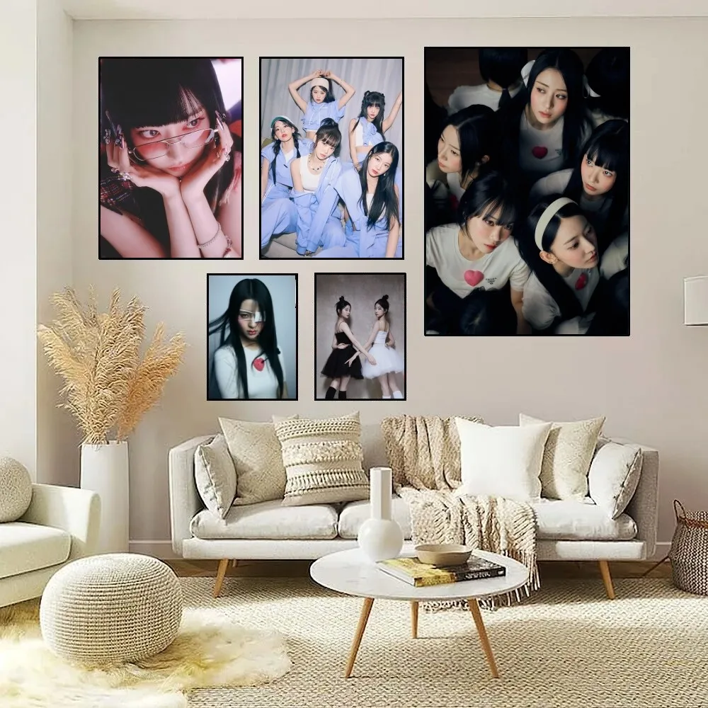 K-Kpop LE-SSERAFIMS Girl Poster Fancy Wall Sticker for Living Room Bar Vintage Decorative Painting Middle