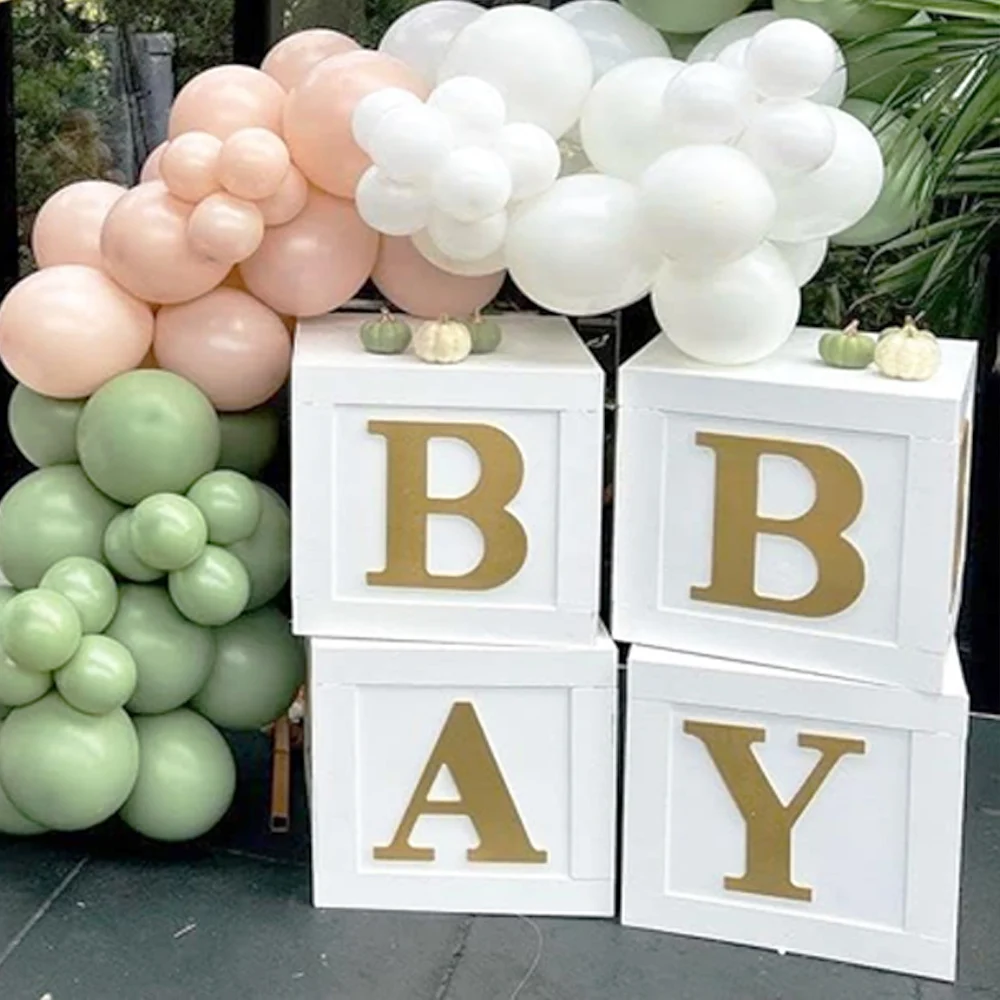 4Pcs Baby Shower Boxes Party Decoration Gold Letters White BABY Balloons Boxes Blocks for Birthday Baby Shower Gender Reveal Dec