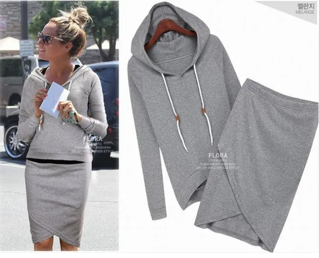 2 Pieces Women Stes European Style long-sleeved Hooded Top + Irregular Skirt Casual two-piece Hoodie Suit Clothing JQMY1499 image 2