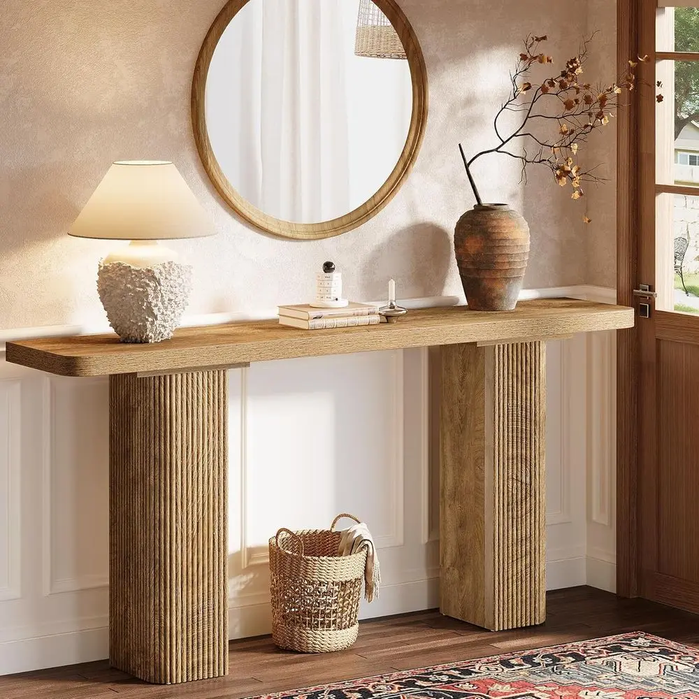 

63 Entryway Console Table, Living Room/Hallway Wooden Stand with Decorative Design