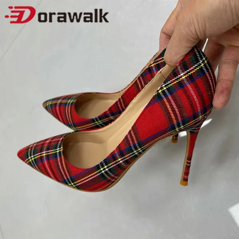

2026 New Arrival Spring 12/10/8cm Female High Heel SEXY Cloth Red Plaid Pattern Pumps Slip on Pointed Toe Wedding Dress Shoes