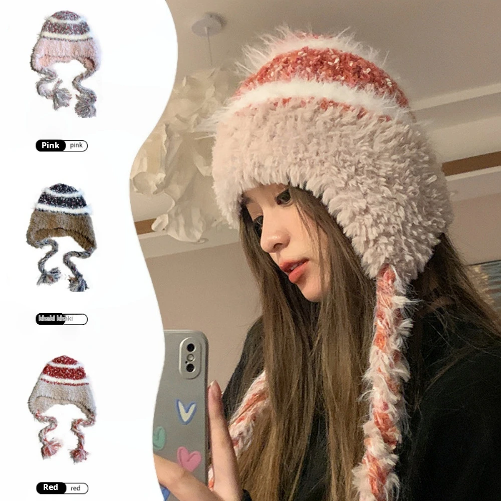 

Winter Stripe Matching Cap Hat With Ears Snow Ladies Hat Balaclava Planet Hat Russian Girl Manko Women's Hats Earmuffs Hat Women