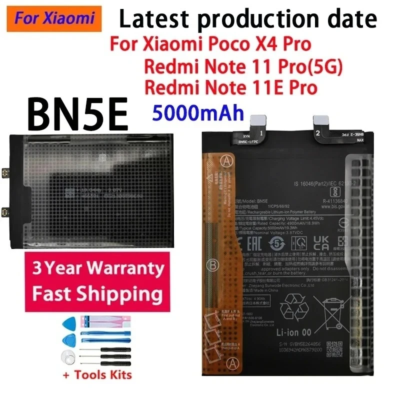 NEW BN5E Battery 5000mAh For Xiaomi POCO X4 PRO/Redmi Note 11 Pro/11E Pro 5G High Quality Phone Batteries Bateria Batterij+Tools