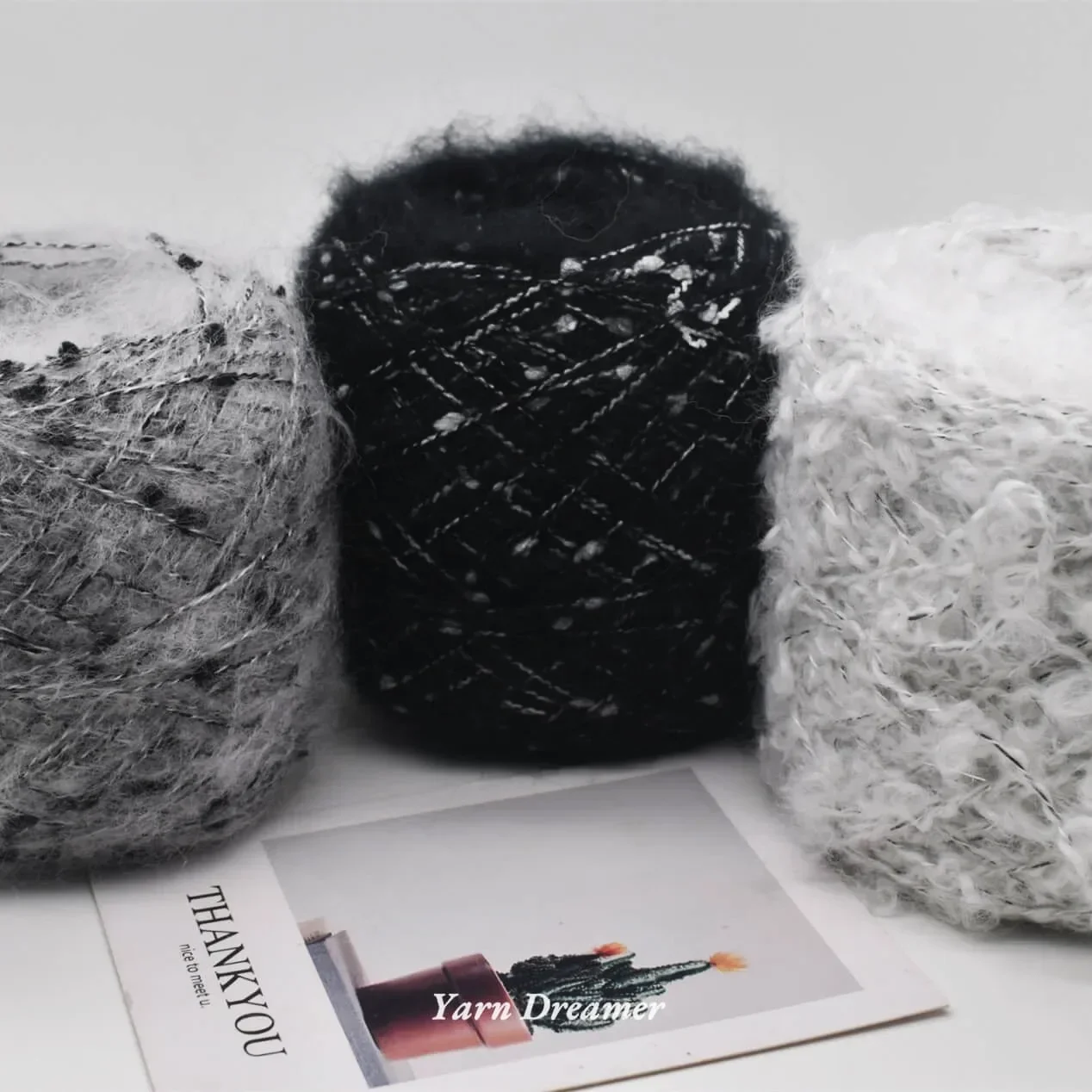 Fils de laine Mohair pour Ogo et Crochet, Fil Ogo à la Main, Fil Bouffant Noir, Fil Boucle Gris, 100g