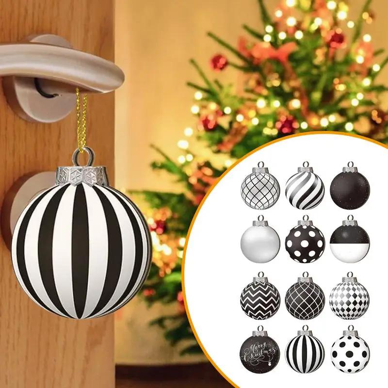 2D Wooden Christmas Decorations 12Pcs High-quality 2D Polka Dots Plaid Christmas Tree Pendant Bold Black White Winter Ball Theme