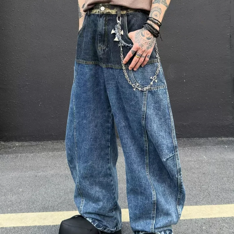 

Fashion Brand Gradual Change Leopard Print Splicing Knife Wide Leg Jeans For Man Loose All-Match Handsome Full Length Pants
