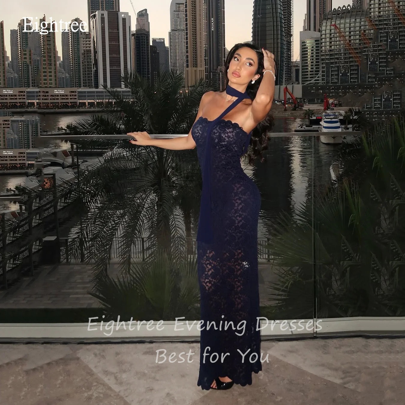 Eightree Sexy Navy Blue Lace Mermaid Prom Dresses Strapless Party Gowns Floor Length Evening Dress Gown 2025 Customized