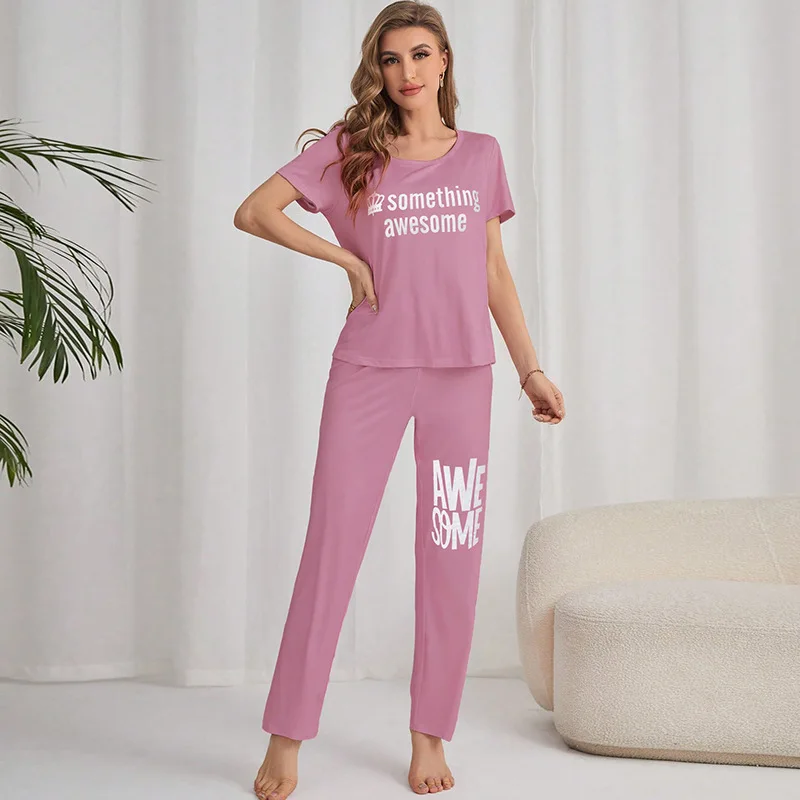 Women's Pajamas Stretchy Casual Comfortable Pink Printed Top and Pants Sleepwear Homewear Ladies Nightwear Europe and America 5