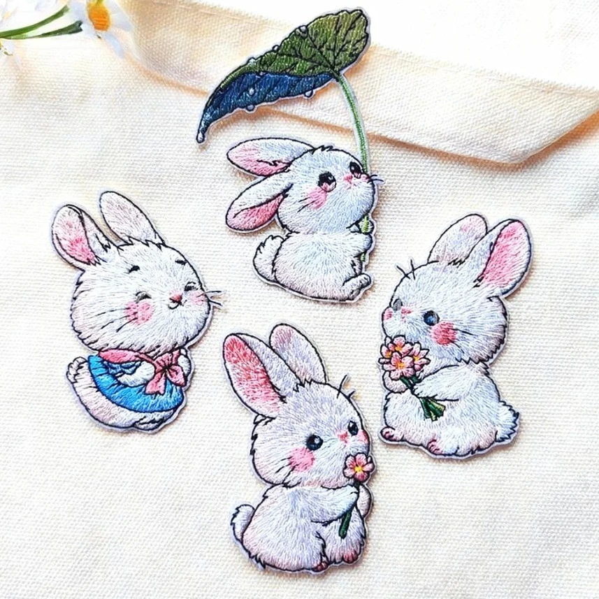 1/4pcs Easter Bunny Embroidery Patches, Iron on For Down Jacket Hole Repair, Self Adhesive Fabric Patch for School Bag Decor