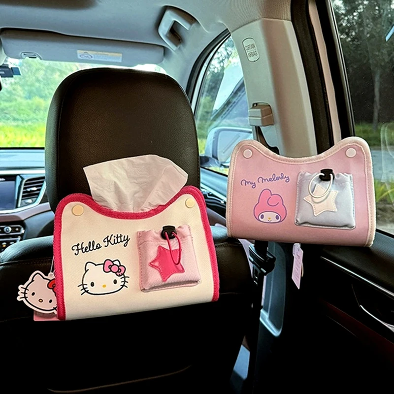 Kawaii Sanrio Hello Kitty Car Seat Back Tissue Box Cinnamoroll Kuromi Home Napkin Container Organizer Toilet Paper Holder