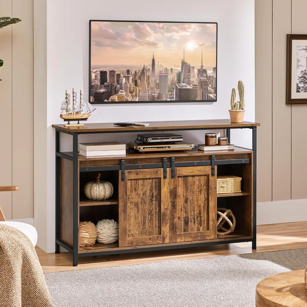 

TV Stand, Entertainment Center with Storage Cabinets for 55 Inches TV, Barn Door TV Stand with Height Adjustable Shelves.