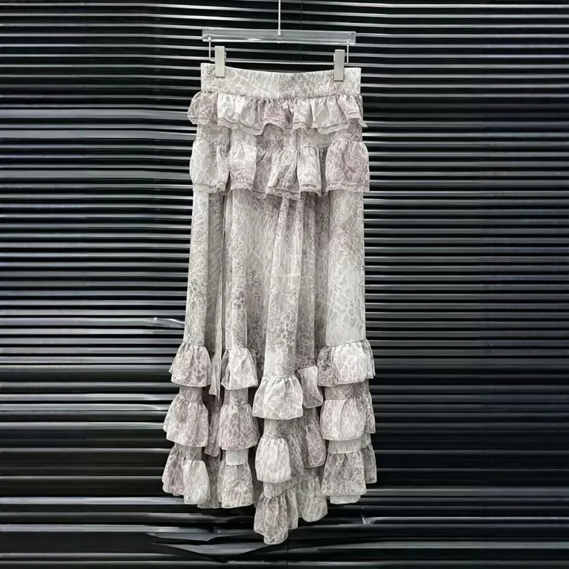Long Sleeve Ruffle Set Maxi Length Fresh Sweet Style with Ruffle Trim Midi Skirt Printed Pattern Tie Detail Autumn for Women