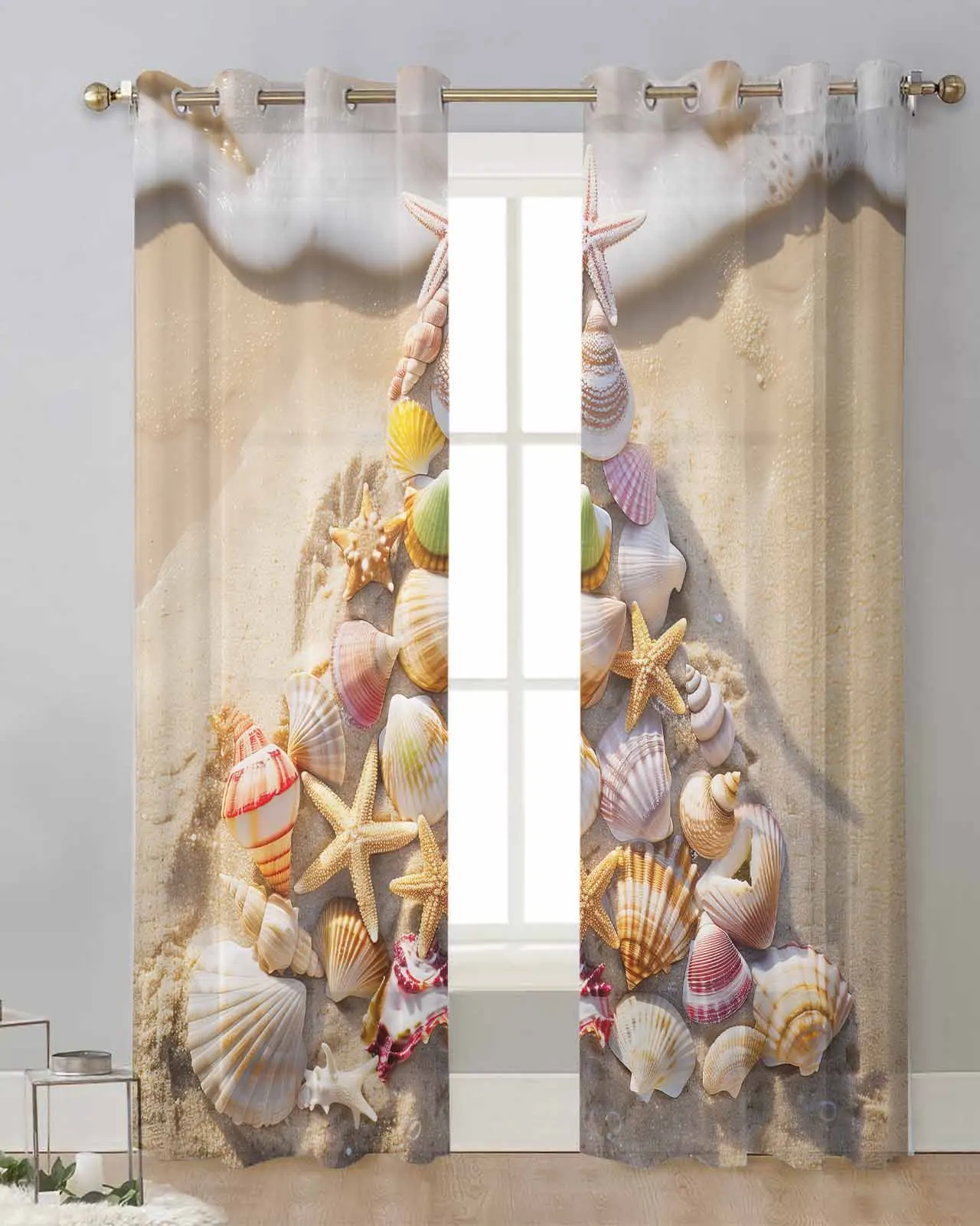 Christmas Tree Beach Shell Sea Star Conch Sheer Curtains for Living Room Printed Tulle Window Curtain Luxury Home Decor Drapes