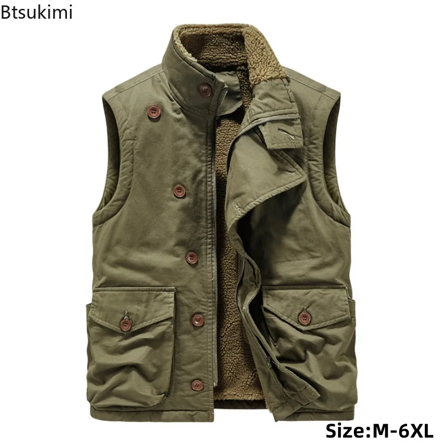 

New Autumn Winter Men's Thicken Cotton-padded Vests Trend Stand Collar Outdoor Casual Cargo Vests Fleece Warm Sleeveless Jackets
