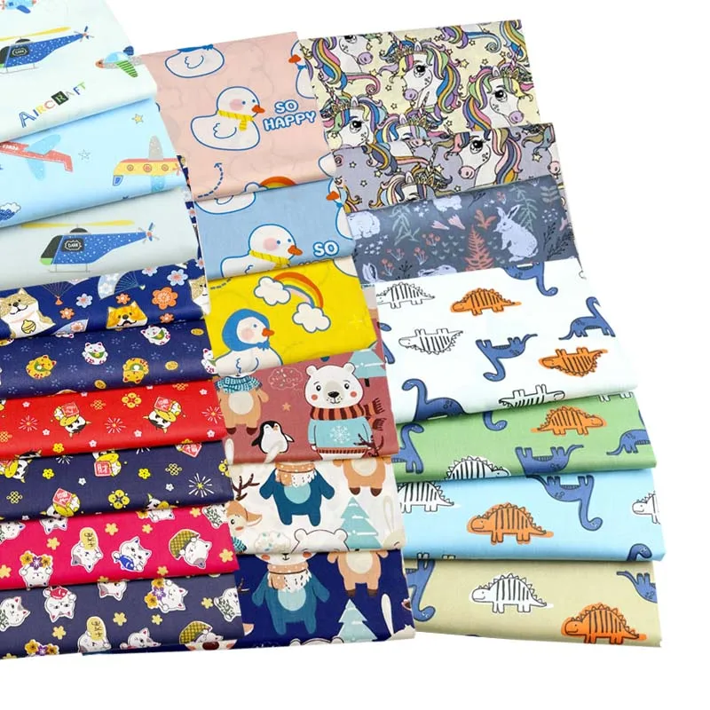 100% Cotton Twill Fabrics Cartoon Dinasaur Duck Unicorn Cat Helicopter Fighter Jet Bear for Sheet Handwork Summer Clothes Quilt