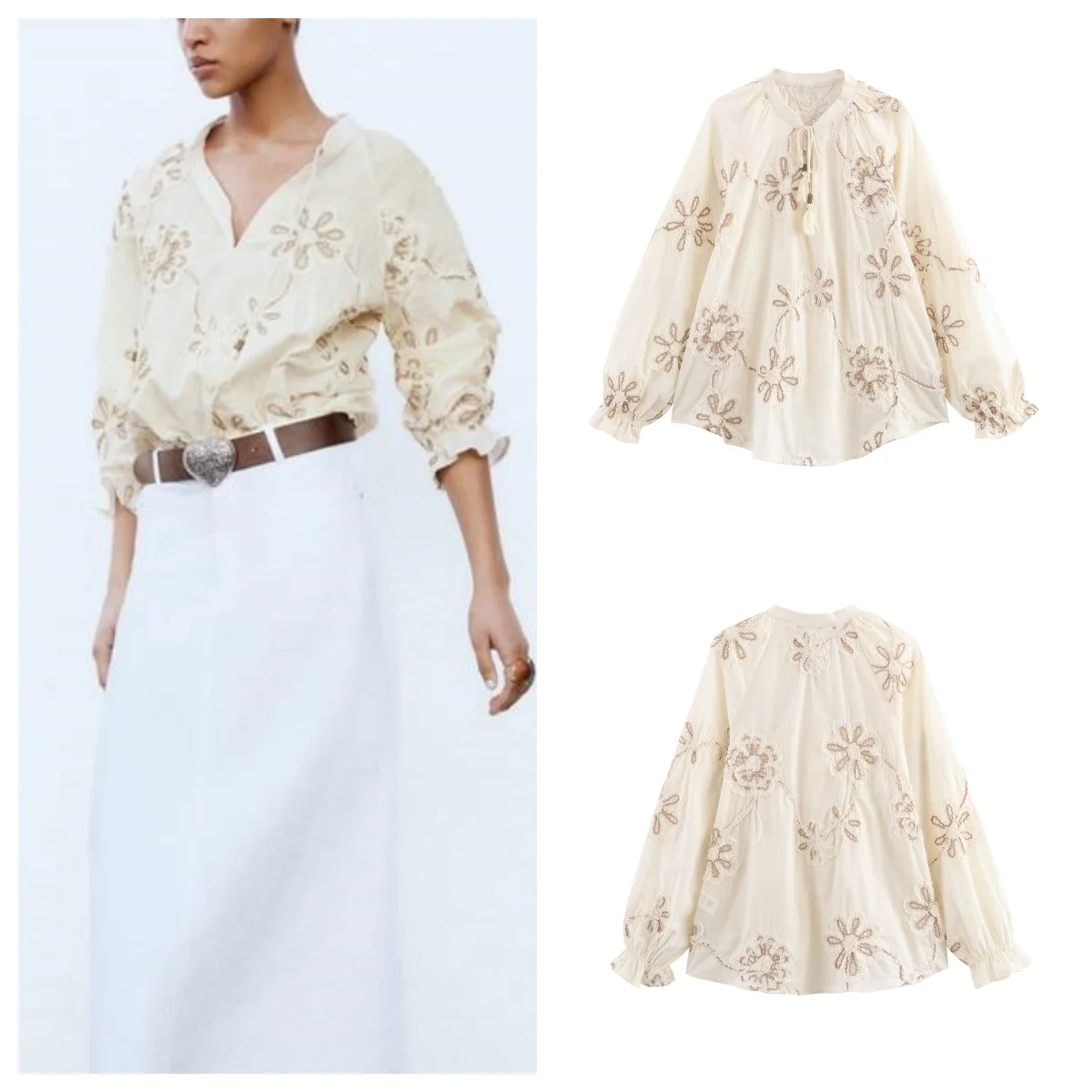 

European and American style spring new flower embroidery fashionable all-match long-sleeved shirt