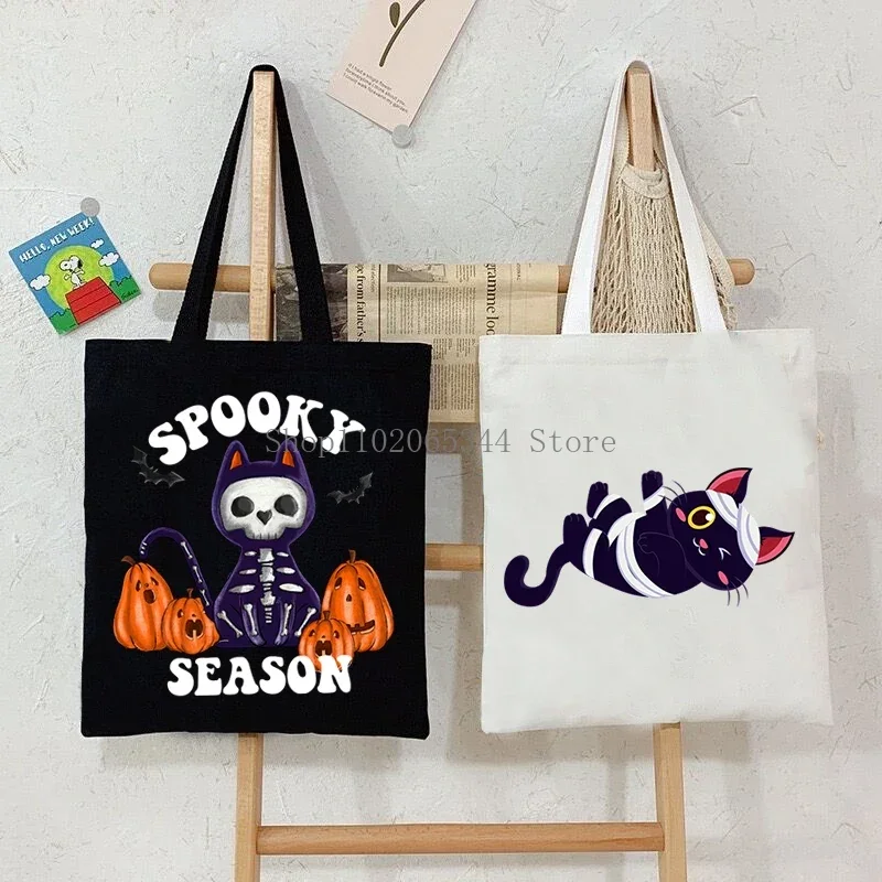 Gothic Skull Cat Pattern Tote Bag Women Spooky Season Shopping Bag Halloween Animal Kitten Canvas Shoulder Bag Unisex Handbags