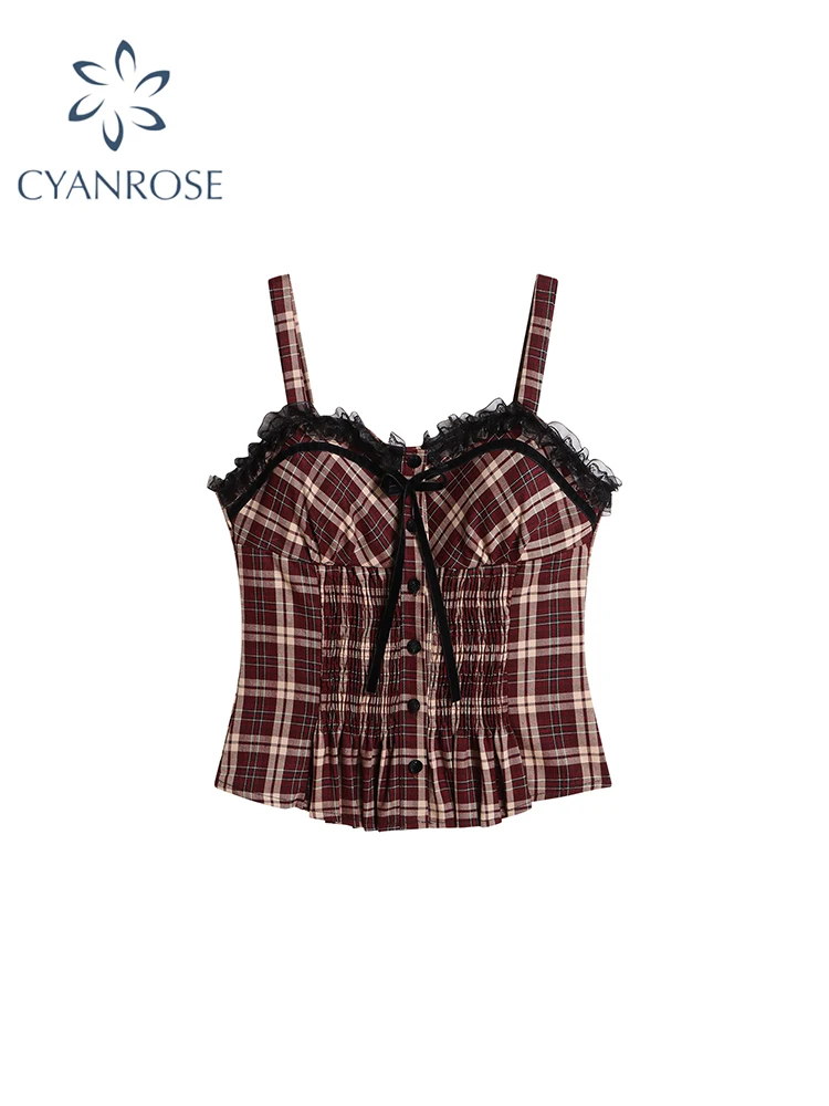 Women Red Plaid Lace Crop Top Aesthetic Streetwear Vest Bow Corset Top Sleeveless Off Shoulder Y2k Tank Top 2000s Clothes Summer