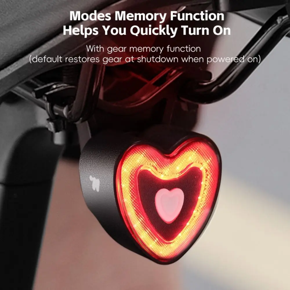 

Type-C Charging Smart Brake Sensing Bike Taillight 4 Lighting Modes IPX6 Waterproof Heart Shape Taillight Vibration Wake-Up