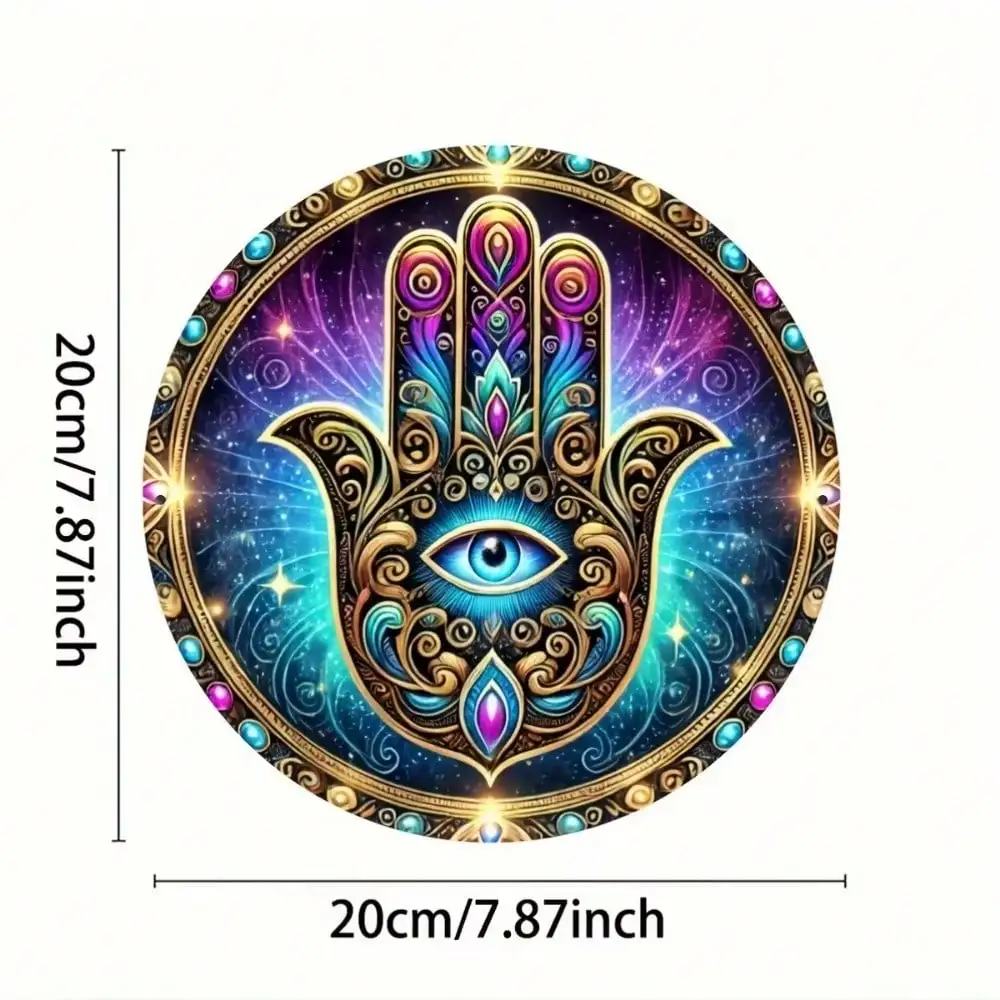 2D Flat Hamsa Hand with Evil Eye Round Tin Sign - Mystic Galaxy Bohemian Metal Wall Decor for Home, Yoga Studio, Spiritual Room