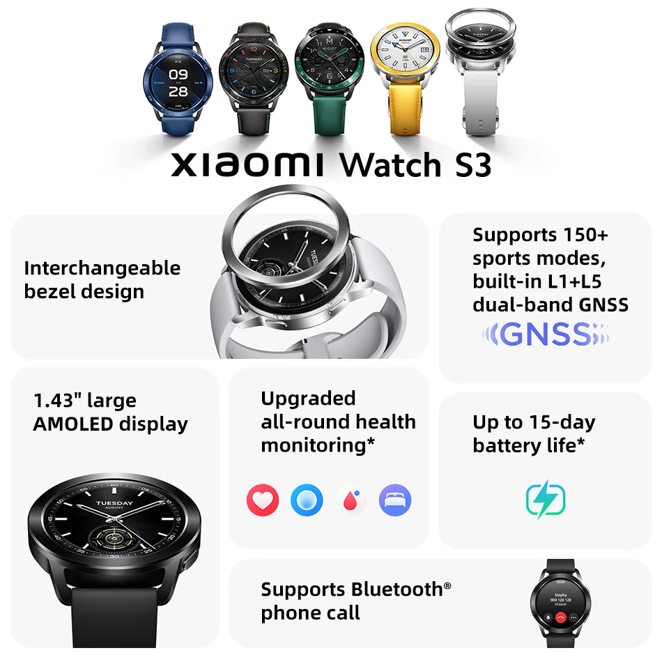 Global Version Xiaomi Watch S3 1.43'' AMOLED Screen HyperOS Mi Smartwatch 5ATM Waterproof Blood Oxygen GNSS GPS 486mAh Battery