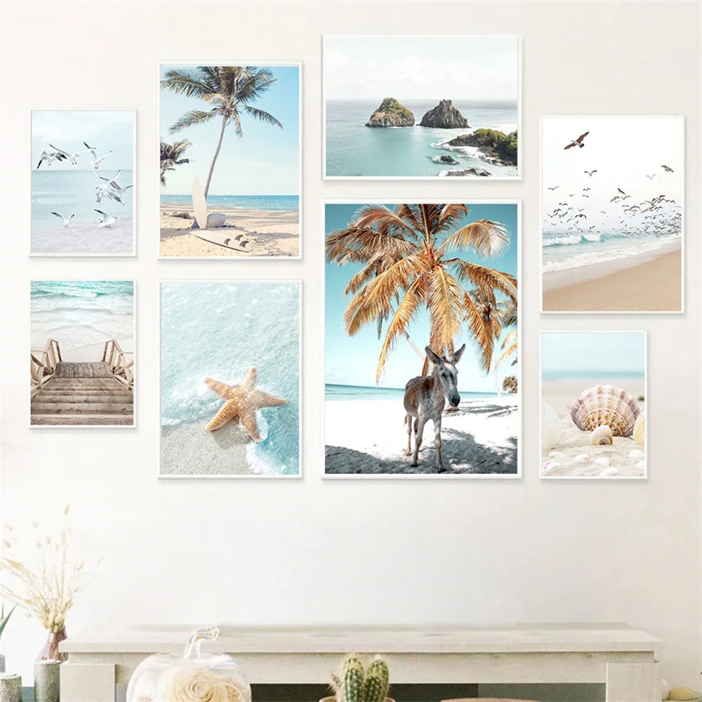Beach Starfish Shell Palm Tree Canvas Poster Painting Summer Seagull Wall Art Print Sea Waves Picture Modern Living Room Deco