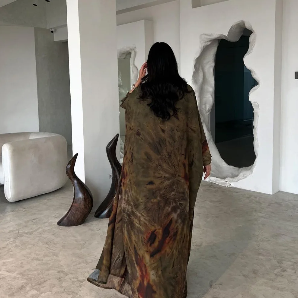 2025 Commercio all'ingrosso Dubai Abaya Caftano Turco Modesto Abaya Donne Abito musulmano Kimono Tie Dye Acquerello Chiffon Stampato Abaya