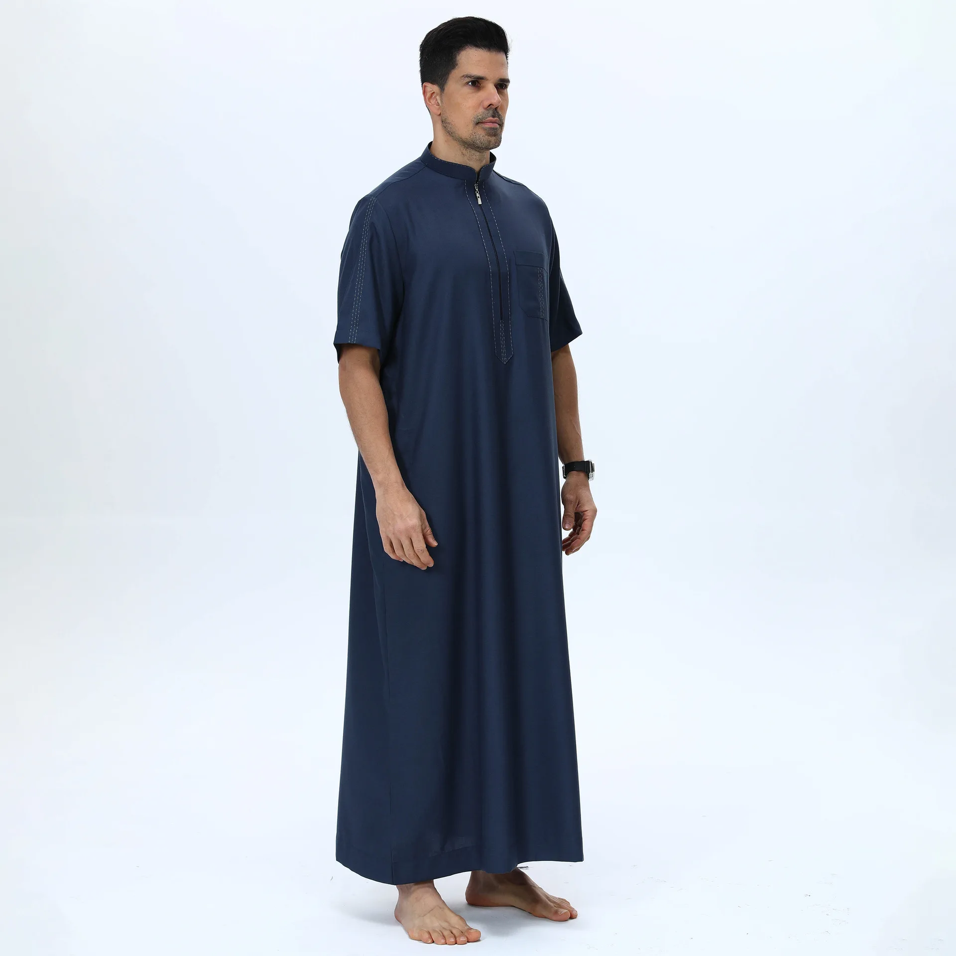Moroccan Muslim Men's Long Robe Short Sleeve Jubba Thobe Zipper Long Robe Casual Simple Robe Middle East Daffah Dishdasha Saudi