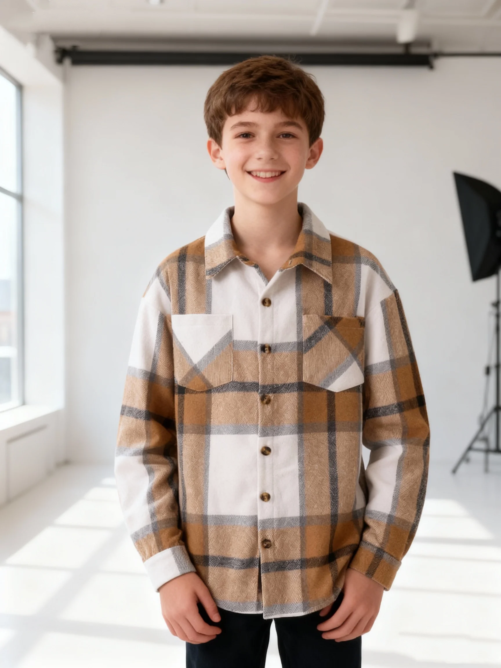 Spring And Autumn Youth Long Sleeved Single Breasted T-Shirt With Plaid Pockets And A Lapel For Daily Casual Wear