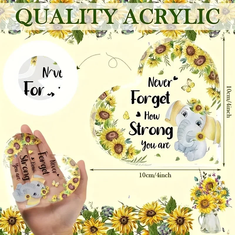 Never Forget How Strong You Are Sunflower Elephant Heart Acrylic Plaque,Watercolor Sunflower Cute Baby Elephant Heart Shaped Acrylic Desk Decor