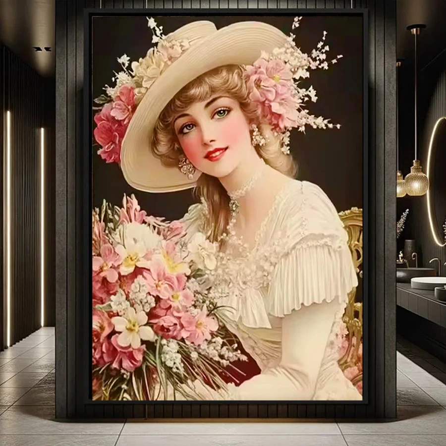 Beautiful Vintage hat Woman Diamond Painting 3D Embroidery Full Diamond Mosaic Cross Stitch Kits flower Victorian Lady Wall Art