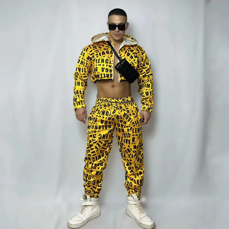 Hip-Hop Yellow Short Coat Pants For Men Nightclub Dj Ds Performance Wear Stage Show Jazz Dancer Costume Rave Outfits XS4232