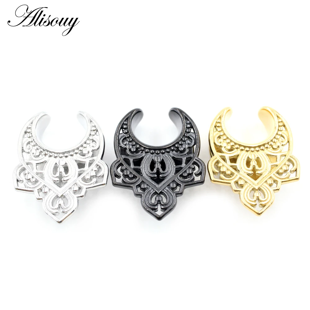 Alisouy 1PC Stainless Steel Hollow Flower Petal Saddle Ear Tunnel Plugs Expander Stretcher Gauges Earrings Piercing Body Jewelry