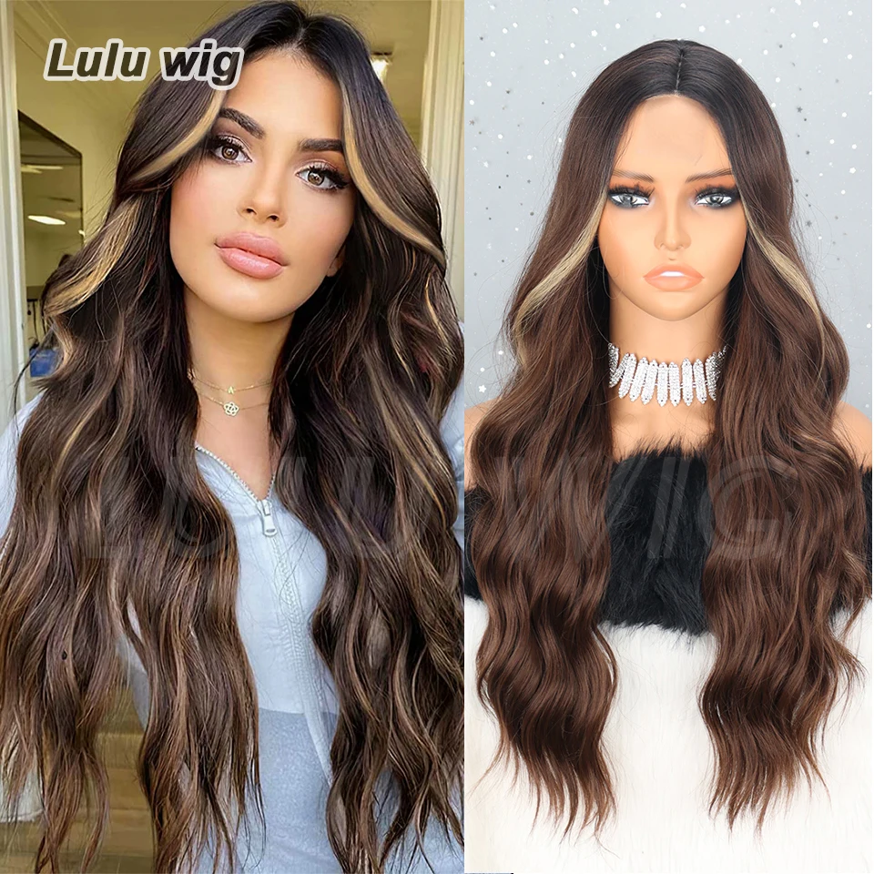 

Long Brown Mixed Blonde Wavy Wig for Women 26 Inch Middle Part Curly Wavy Wig Natural Looking Synthetic Heat Resistant Fiber Wig