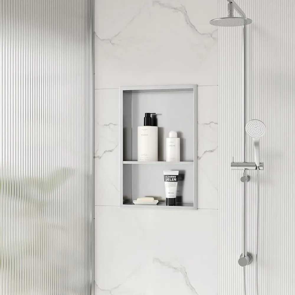 12 x 18 Stainless Steel Shower Wall Double Shelves, No Tile Required, Recessed for Bathroom Storage, Brushed Nickel Finish