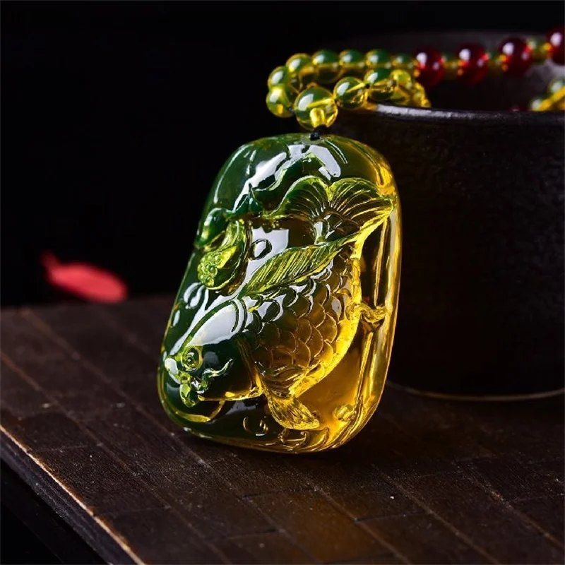 Honey Wax Amber Myanmar Golden Blue Amber Pisces Men's and Women's Pendant Necklace Fish Vase Sweater Chain Pendant