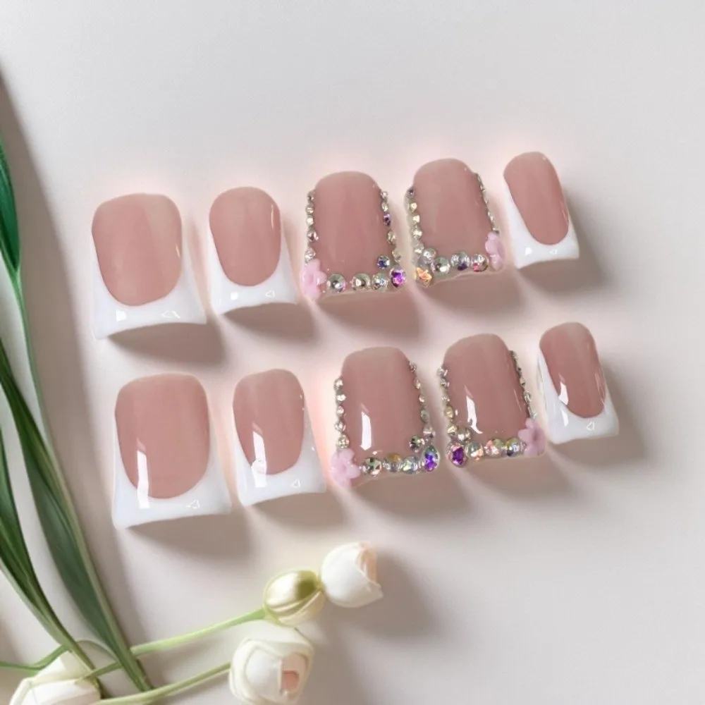 New Pink Color Press on Nails White French Tip Short Length False Nails Handmade 3D Carving Duckbill Nails Wearable Nails